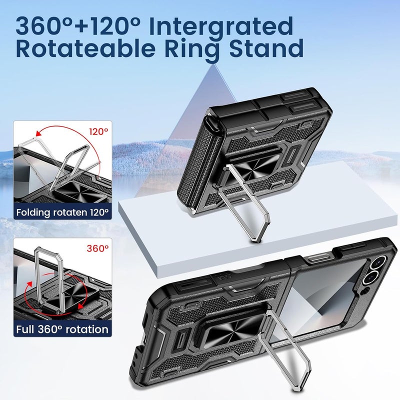 Vego for Galaxy Z Flip 6 Case, 360° Rotatable Ring Kickstand & Belt Clip Holster & Tempered Glass Camera Screen Protector & Hinge Protection, Shockproof Case for Samsung Flip 6 5G - Black - Image 3